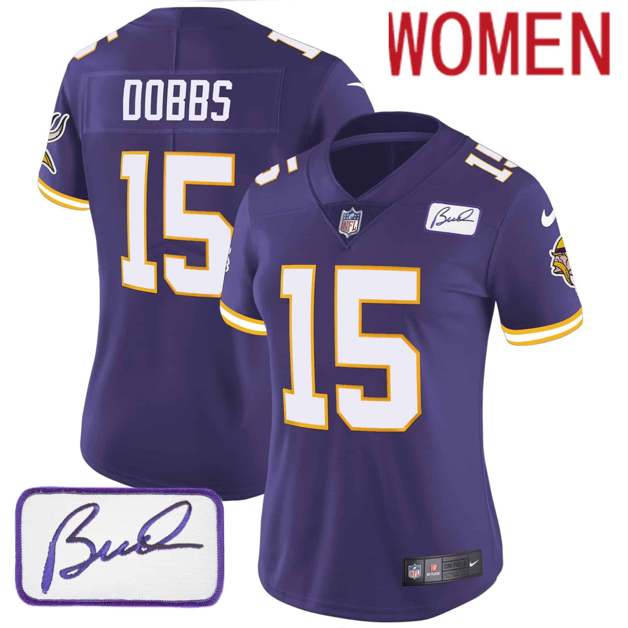 Women Minnesota Vikings #15 Dobbs Purple 2024 Nike Patch Classic Limited NFL Jersey style 1